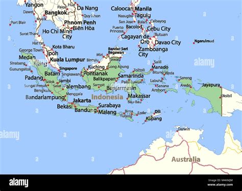 Map of Indonesia. Shows country borders, place names and roads. Labels in English where possible ...