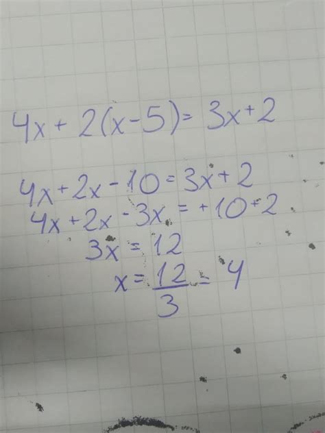 Es el valor de "X" al efectuar la ecuación 4x + 2(x - 5) = 3x + 2 ...