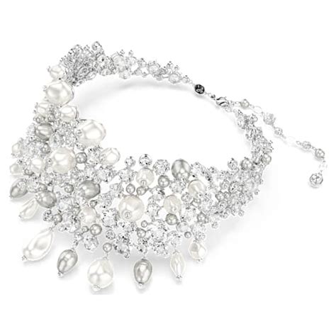 Constella choker, Crystal pearl, Round cut, White, Rhodium plated ...