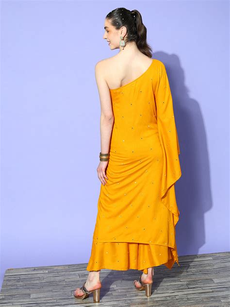 Mustard Mirror Work One Shoulder Kurta Set