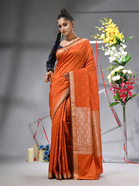 DESH BIDESH Orange Kanjivaram Kanchipuram Silk Saree with Silver Zari ...