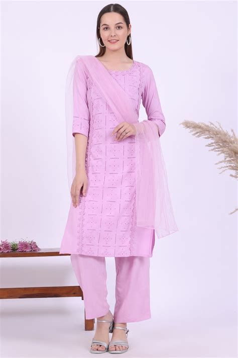 Buy Purple Embroidered Straight Kurta with Palazzos & Dupatta Set ...