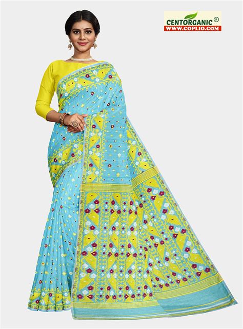 Dhakai Soft Jamdani Bengal saree for women Sky blue and Yellow Combina ...