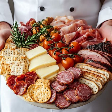 A closeup of a gourmet charcuterie board with various meats cheeses ...