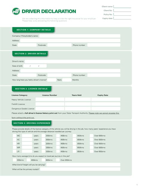 Driver Declaration Form - Blank Fillable Template | Fill Out, Print ...