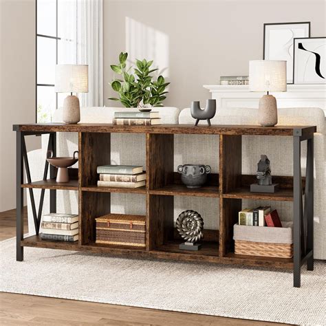 17 Stories 62" Extra Long Industrial Sofa Table, 8 Cube Storage ...