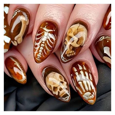 Halloween Press On Nails 24 Pcs Medium Almond Fake Nails Glossy Acrylic ...