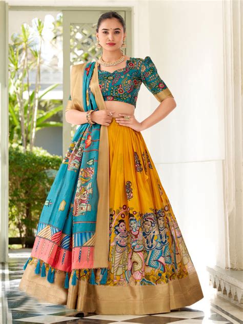 Kalamkari Printed Silk Semi-Stitched Lehenga Choli In Yellow color -91 ...