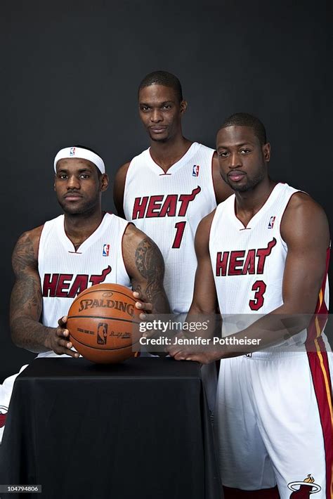 LeBron James, Chris Bosh and Dwyane Wade of the Miami Heat pose for a ...