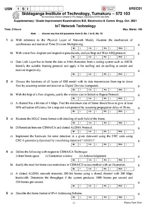 USN 6REC01 Supplementary Exam Oct 2021 - IoT Network Tech - Studocu