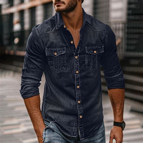 Men's Shirt Chambray Shirt Calico Shirt Button Up Shirt Casual Shirt ...
