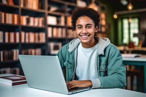 Happy latin girl student using laptop computer in university library ...