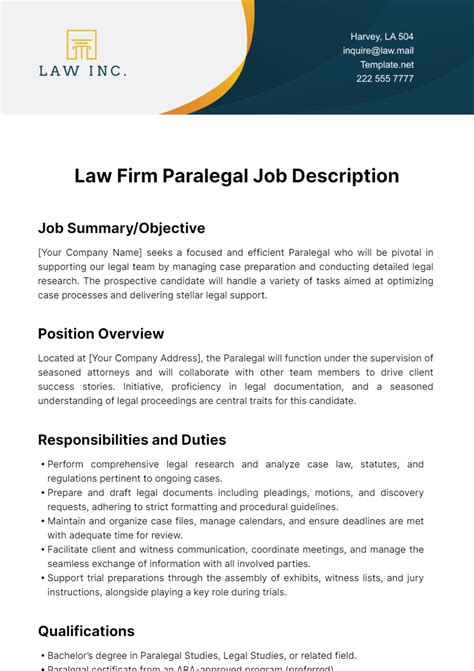Free Law Firm Paralegal Job Description Template to Edit Online