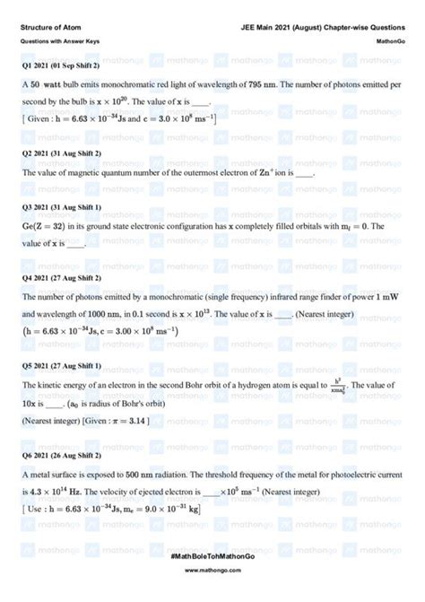 Structure of Atom - JEE Main 2021 August - ShareMyNotes | Digital Notes ...