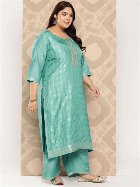 Buy Turquoise Blue Embroidered Silk Blend Straight Kurta With Trousers ...