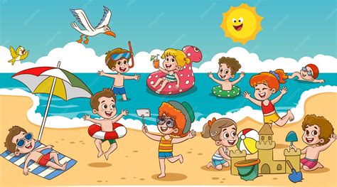 Premium Vector | A cartoon of kids having fun on the beach.