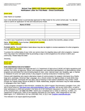 Notification Letter for Free Meals Direct Certification Doc Template ...