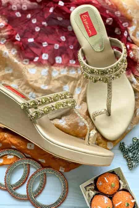 Buy Gold Embroidered Ola Floral Embellished Wedges by ESSEMM Online at ...
