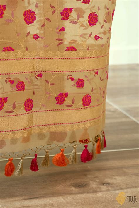 Beige Pure Kora Silk Banarasi Handloom Dupatta - Tilfi