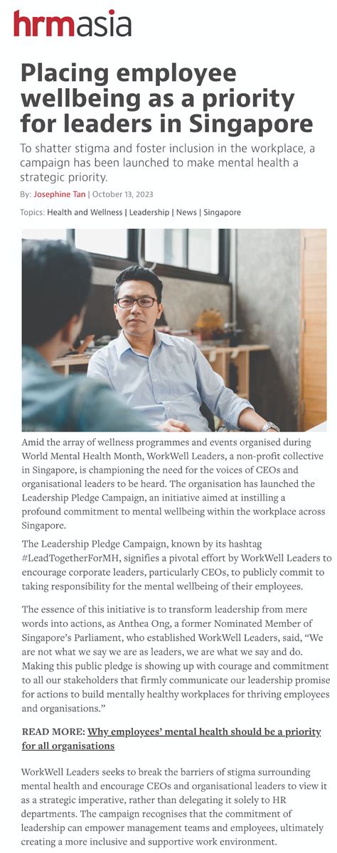 [HRM Asia] Placing employee wellbeing as a priority for leaders in Singapore - WorkWell Leaders ... - leader of singapore