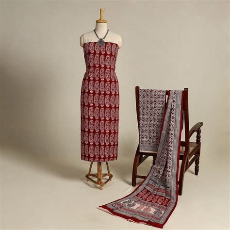 Red 3pc Bagh Print Cotton SetUnstitched Dress Material Suit Sets