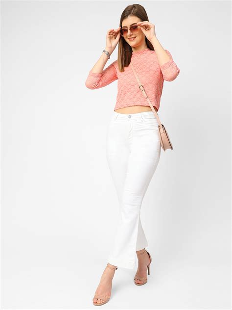 Buy Women Peach Crop Lace Top | Kraus Jeans