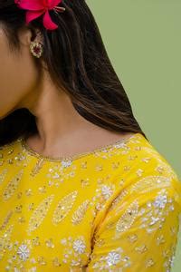 Buy Yellow Viscose Georgette, Dupatta Net Cutdana, Floral, Print Kurta ...