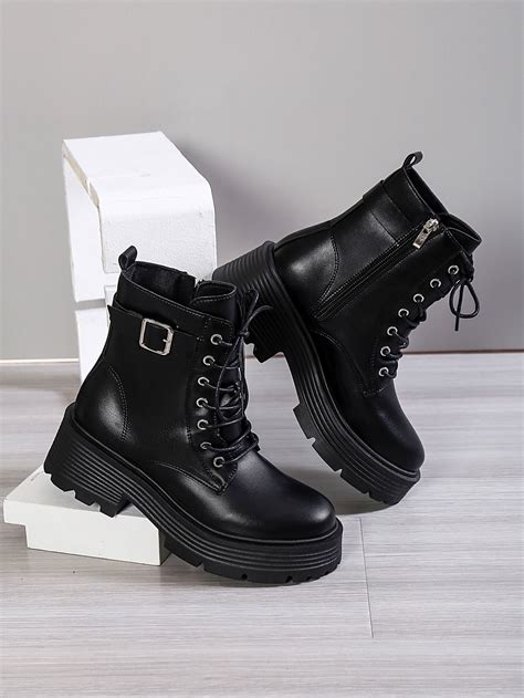 Black Punk Collar Plain Combat Boots Embellished Women Shoes Cute ...
