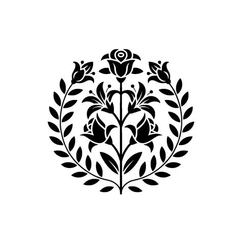 Stylized floral emblem featuring roses and lilies enclosed by a laurel ...