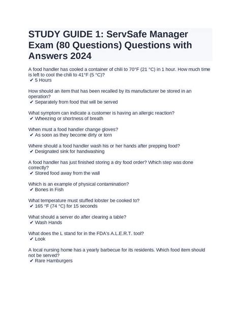 STUDY GUIDE 1: ServSafe Manager Exam (80 Questions) Questions with ...