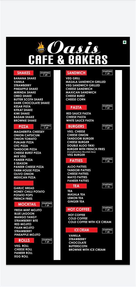 Menu at Oasis cafe, Jaipur