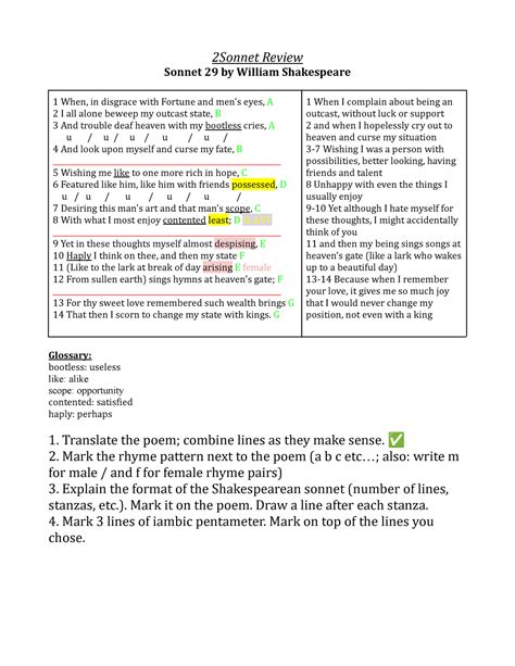 29 Review for class KEY - 2Sonnet Review Sonnet 29 by William ...