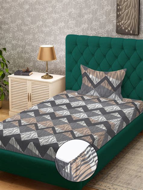 Grey Geometric 300 TC Cotton Blend Fitted Single Bedsheet with Pillow ...