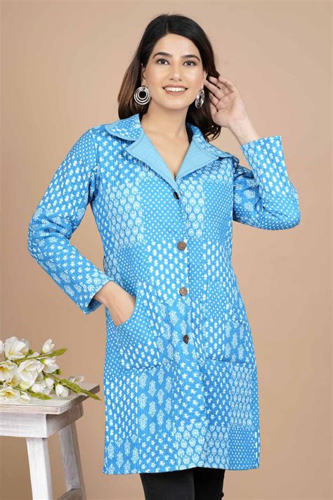 Malibu Blue Long Reversible Quilted Cotton Jacket | Raworiya