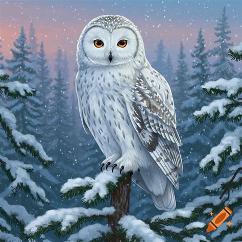 A white snowy owl with bright orange eyes perches on a snow-covered ...