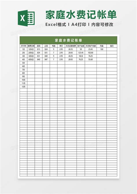 简约家庭水费记帐单表格Excel模板下载_熊猫办公