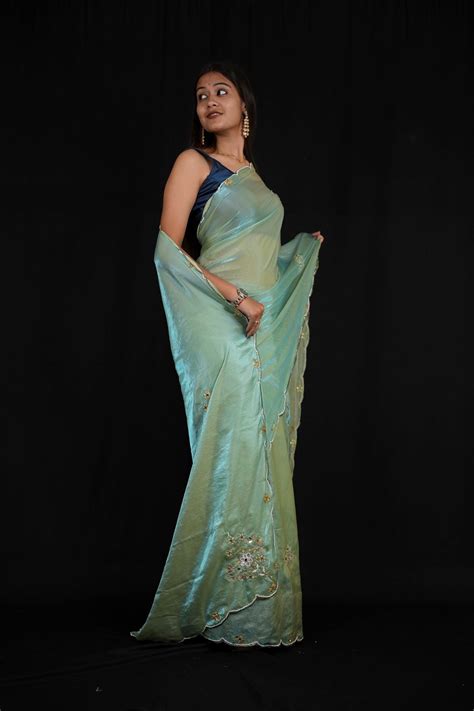 Satin silk with Handwork Butta and Sequined Scalloped Border Ready To ...