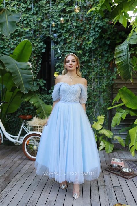 Pearled Sky Blue Tulle Off-shoulder Ankle-length Dress - Lunss