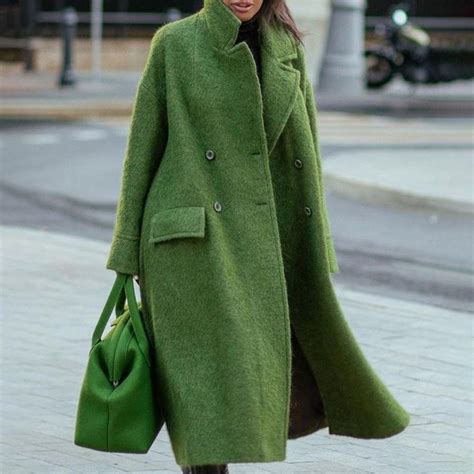 Pure color notched lapel green coat | Coats for women, Women overcoat ...