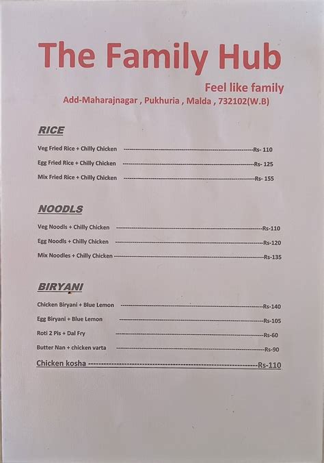 Menu at THE FAMILY HUB, Shibnagar