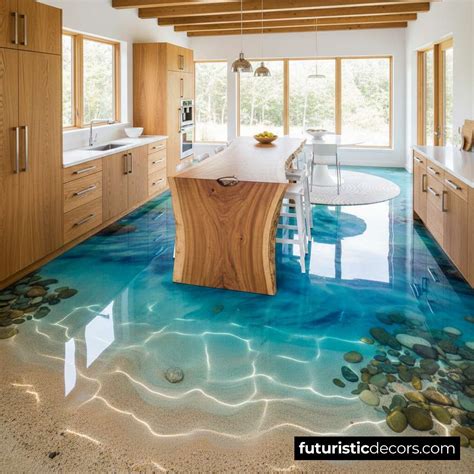 Epoxy Ocean Kitchen Flooring with LED Accents for a Magical Look