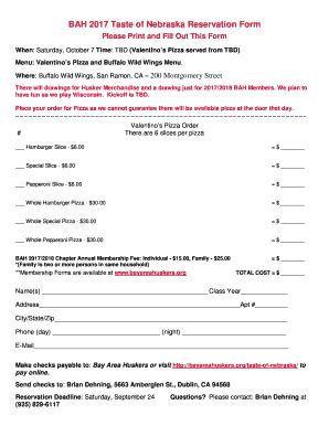 Fillable Online BAH 2017 Taste of Nebraska Reservation Form Fax Email ...