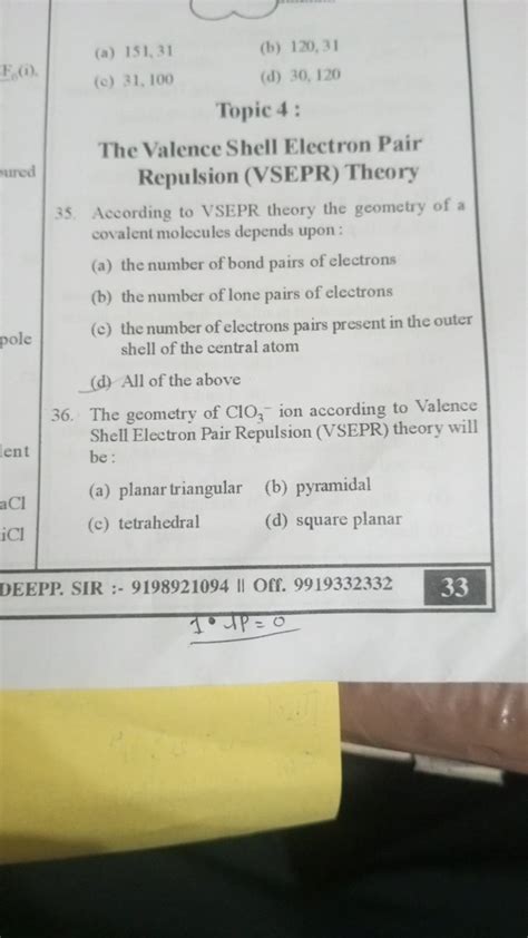 Topic 4 : The Valence Shell Electron Pair Repulsion (VSEPR) Theory 35. Ac..