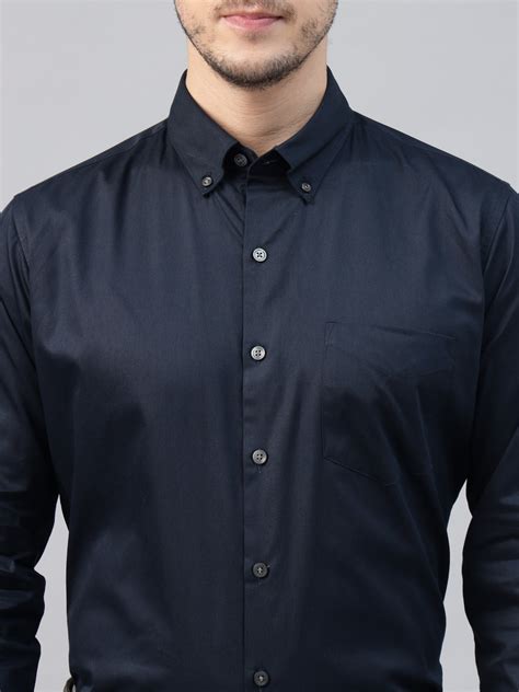 Men Navy Blue Solid Pure Cotton Slim Fit Button Down Collar Formal Shi