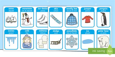 Winter Words and Pictures Flashcards English/Romanian - Winter Words and