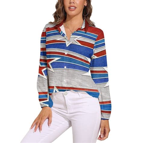 American Flag Blue Red White Long Sleeve Blouse Woman Streetwear Casual ...