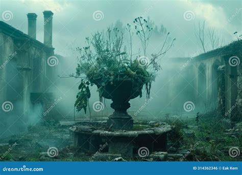 Mysterious Abandoned Mansion Garden with Fog and Overgrown Plant Life ...