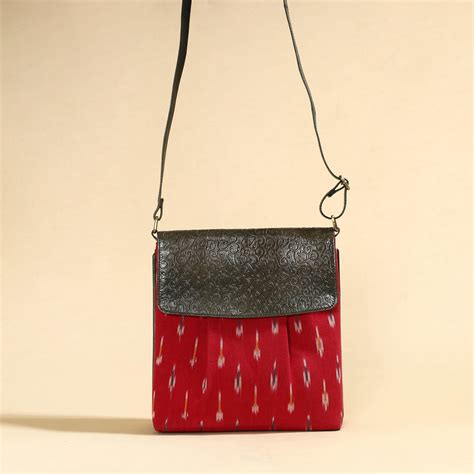 Red Handcrafted Ikat Fabric Sling Bag with Embossed Leather Flap