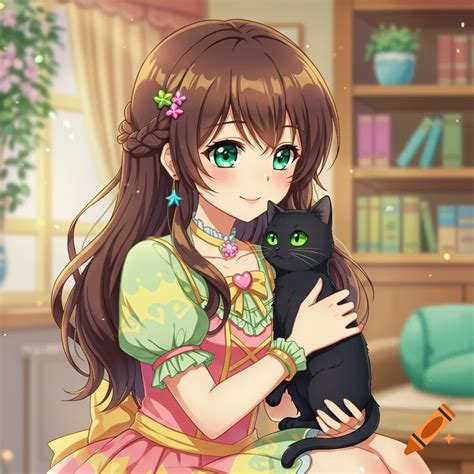 Anime girl with long brown hair in maid outfit and cat ears on Craiyon