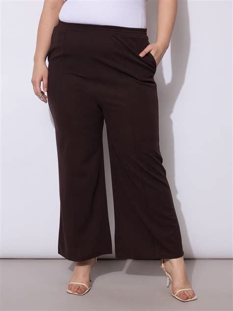 Women Dark Brown Front Seam Elasticated Straight Pants